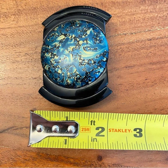 Authentic 80s Blue and Gold Swirl Marbled Statement Brooch Plastic  Art Deco - Picture 4 of 8